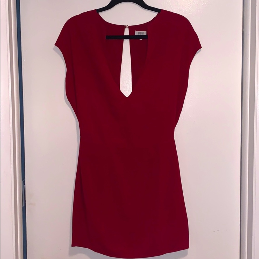 Deep V & open back red cocktail dress